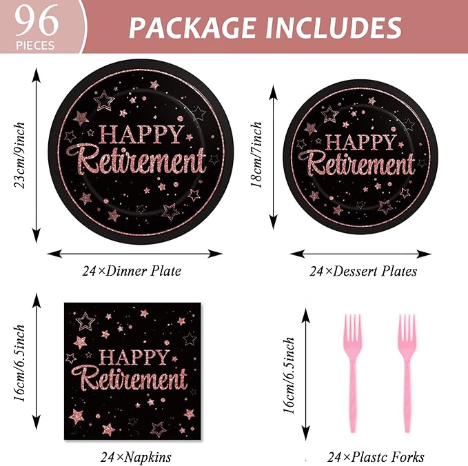 96 Pcs Retirement Party Plates Napkins Tableware Set Rose Gold Happy