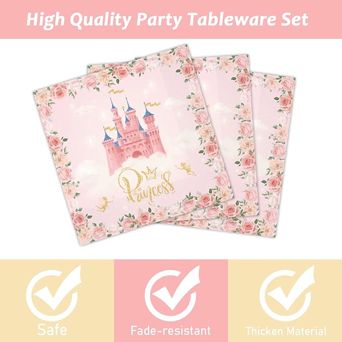 96 Pcs Princess Party Supplies Pink Floral Tableware Set With Plates