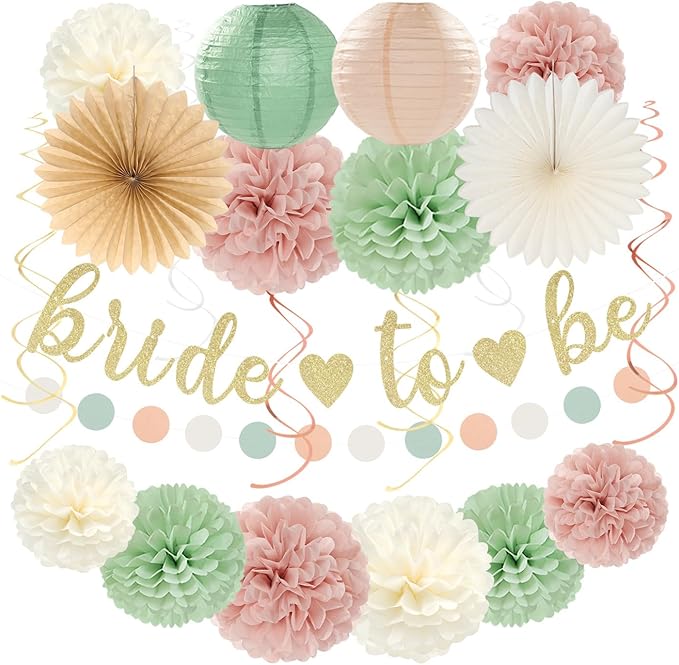 Sage Green Pink Bridal Shower Bachelorette Party Decorations 22pcs