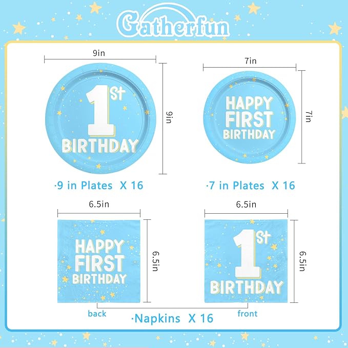 1st Birthday Decorations Boy Baby Blue Party Supplies Kit for 16