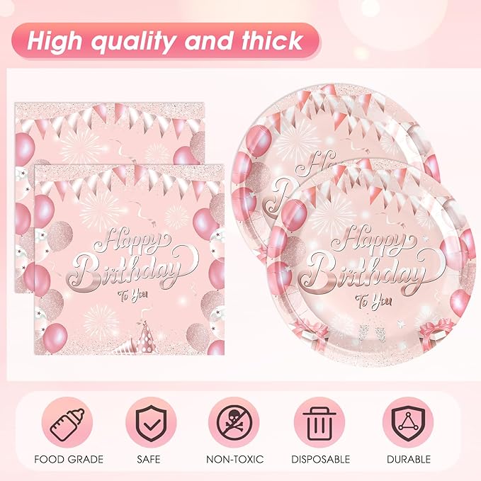 41Pcs Rose Gold Birthday Party Decorations Happy Birthday Plates and