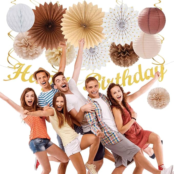 White Brown Champagne Gold Boho Birthday Party Decorations 21pcs
