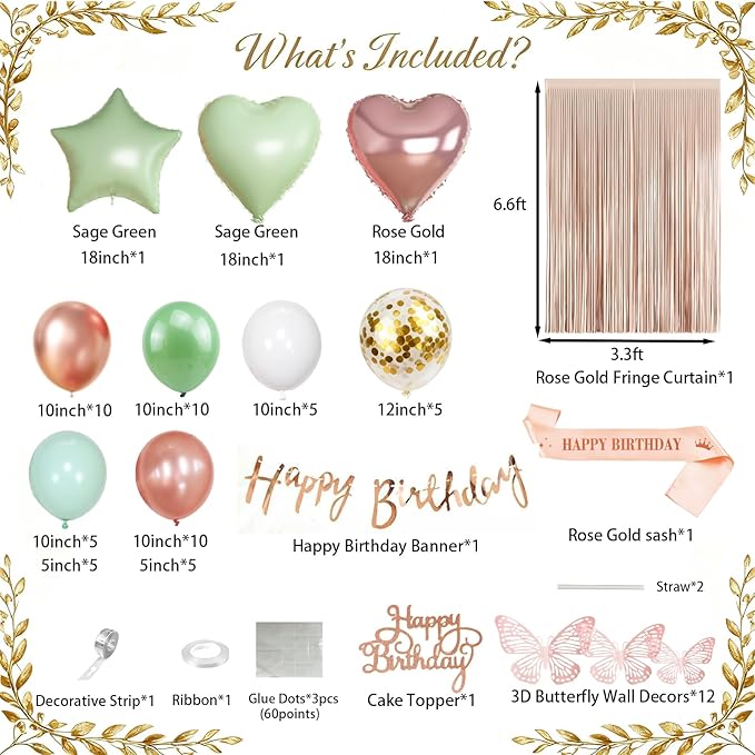 Sage Green and Rose Gold Birthday Party Decorations for Women Girls,