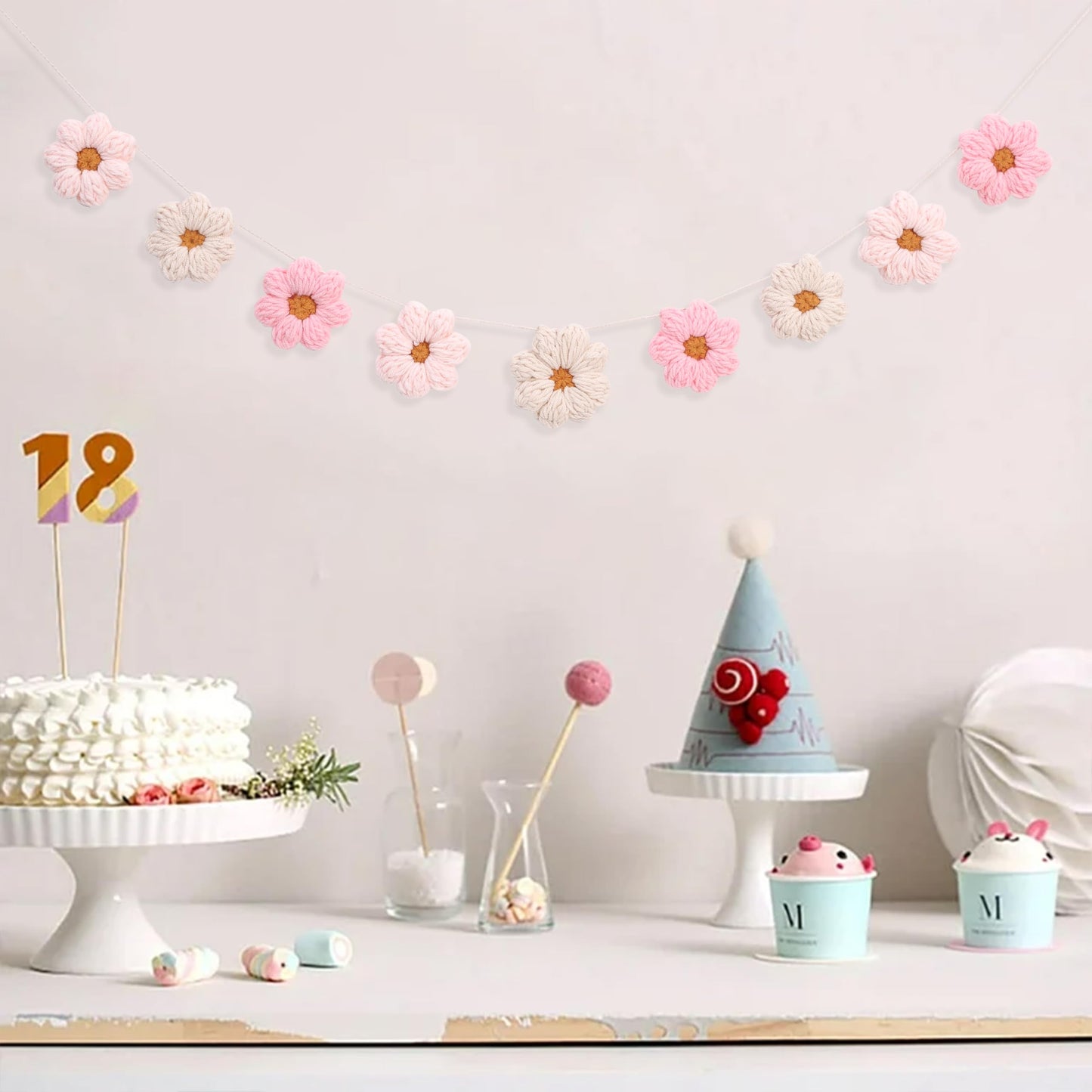 Boho Crochet Daisy Garland - Pink and Beige Yarn Floral Banner for