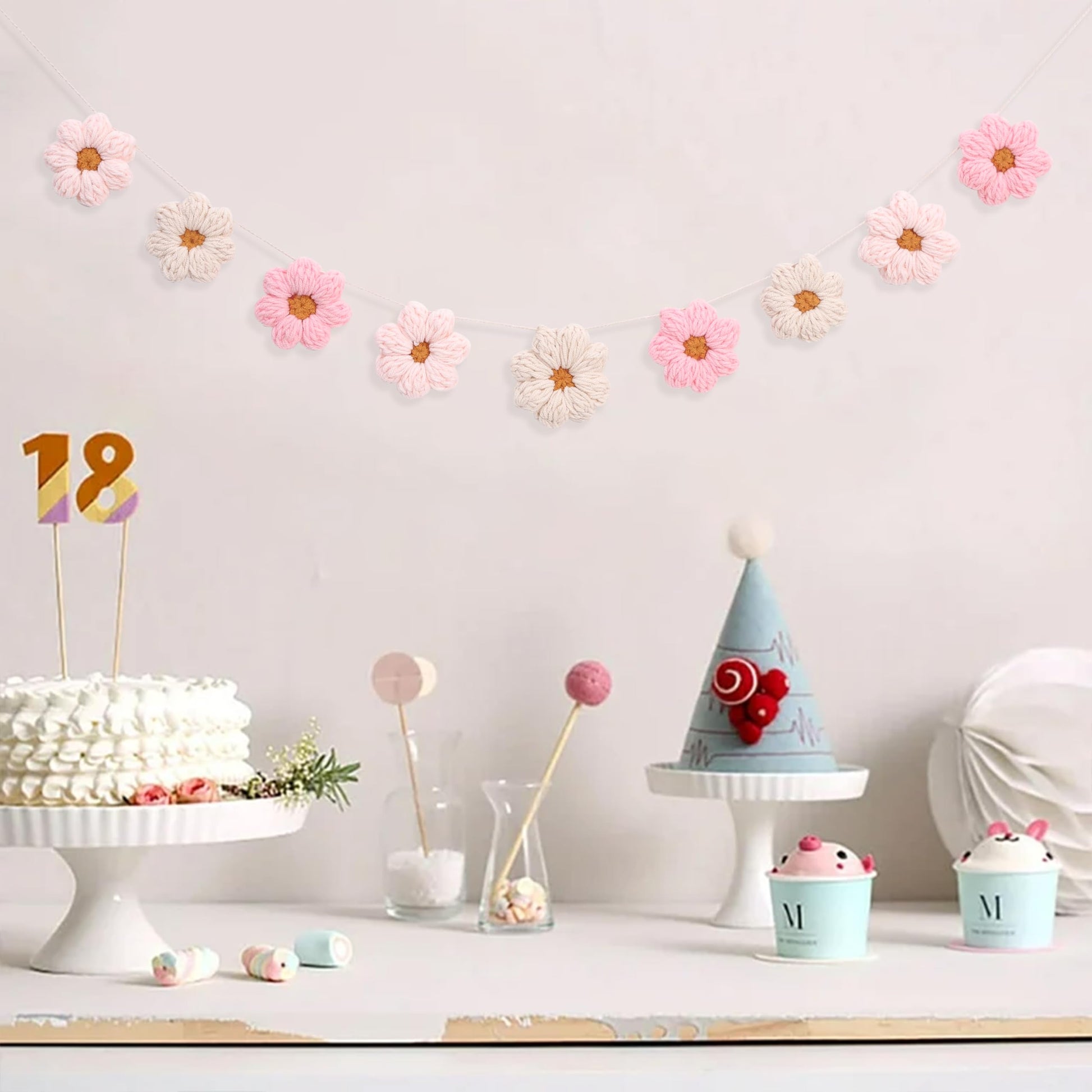 Boho Crochet Daisy Garland - Pink and Beige Yarn Floral Banner for