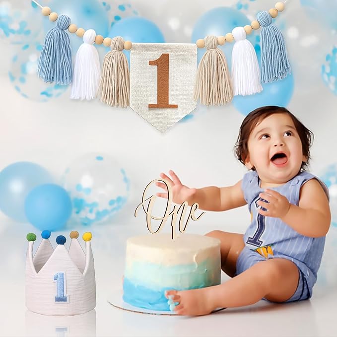 Baby Boy First Birthday Party Decorations Blue High Chair Banner 1st