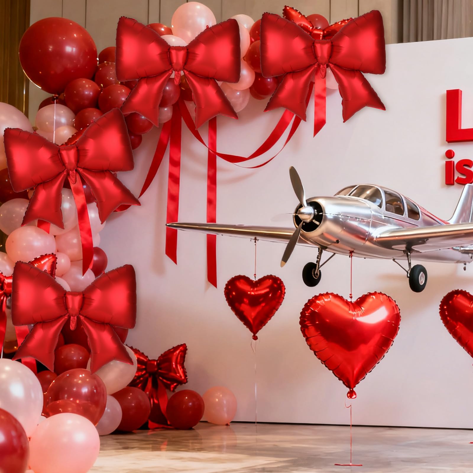 4Pcs Giant Bow Balloons, 97.5cm/38in Big Elegant Coquette Theme Red