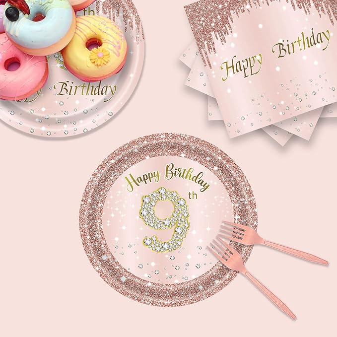 24 Sets 9th Rose Gold Birthday Party Decrations for Girls 9 Birthday