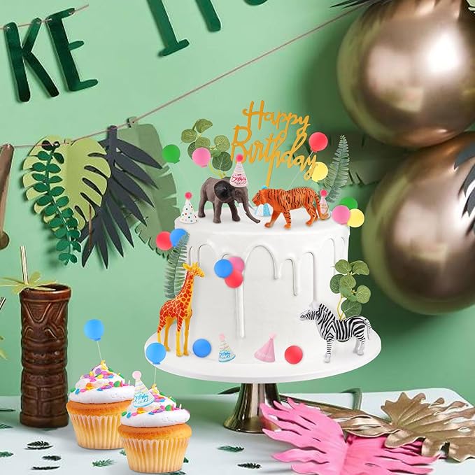 34 Pcs Safari Animal Cake Toppers with Mini Birthday Party Hats