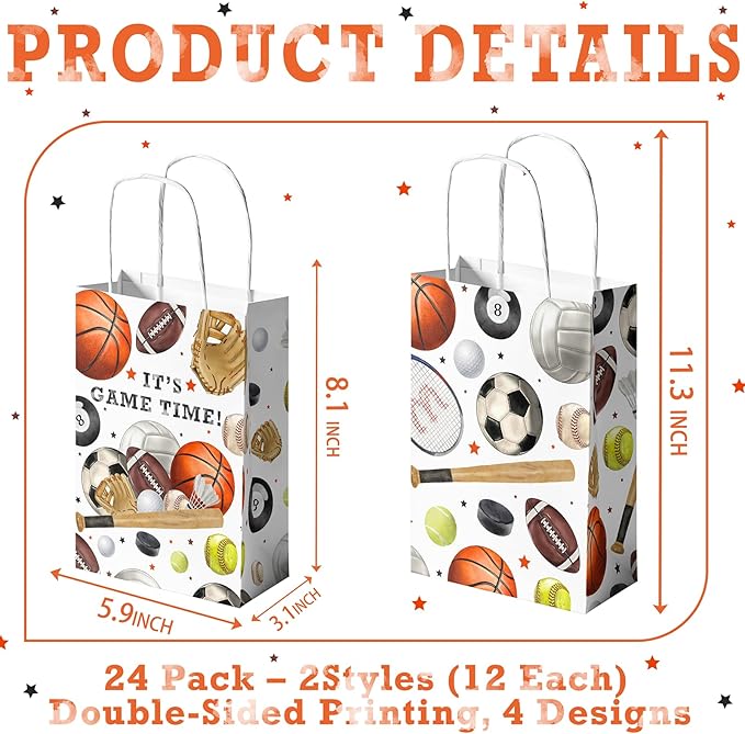 24 Pack Sports Party Favor Bags for Kids All Star Goodie Bags with