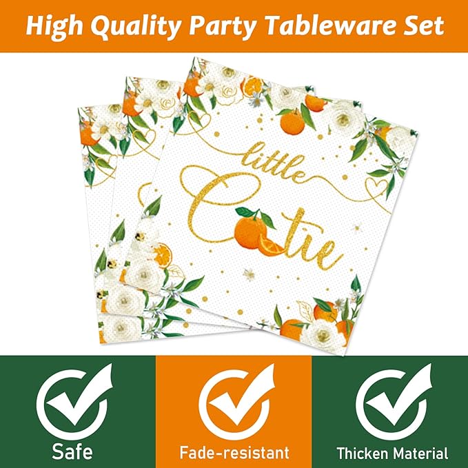 Little Cutie Baby Shower Decorations Plates And Napkins Orange