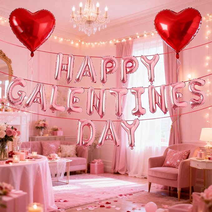 Happy Galentines Day Balloons Banner 16 Inch Pink Galentine Letters