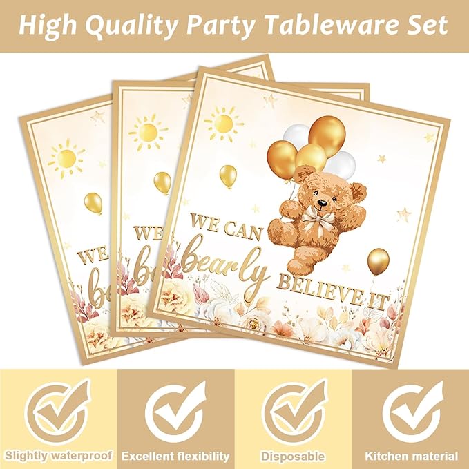 96Pcs Beary First Birthday Decorations Plates Sets 1st Teddy Bear