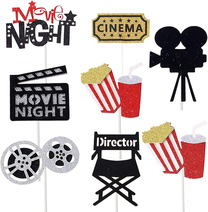 Movie Night Decorations Popcorn Star Foil Balloons Cupcake Toppers