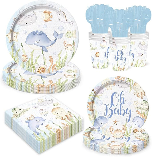 168 Pcs Under The Sea Baby Shower Supplies Paper Plates Napkins Set