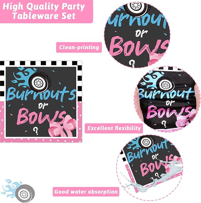 96 Pcs Gender Reveal Burnouts or Bows Party Plate and Napkins