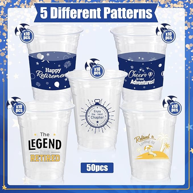 Retirement Party Decoration Cups 50pcs 16 Oz Plastic Drinking Cups