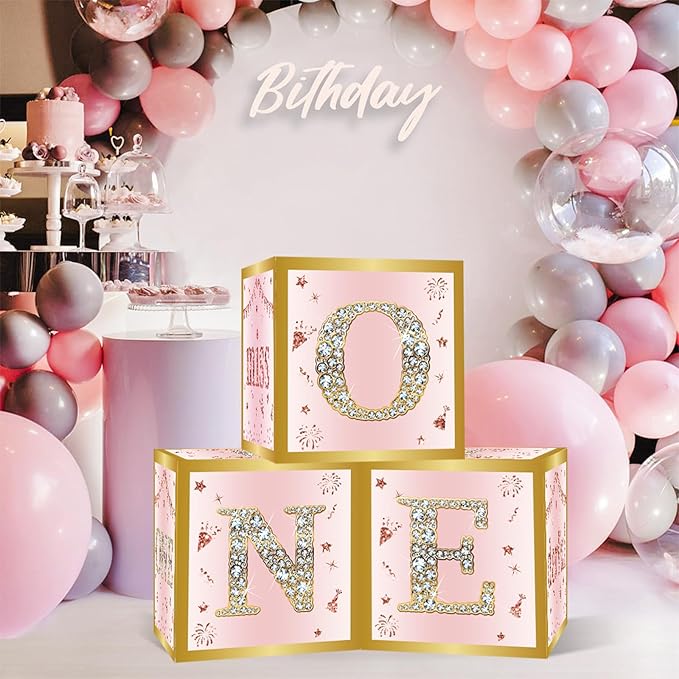 DataMoon 1st Birthday Decorations Boxes for Baby Girl - 3PCS Pink