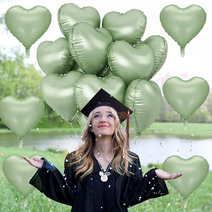 Sage Green Heart Foil Balloon, 10PCS Olive Green Heart Helium