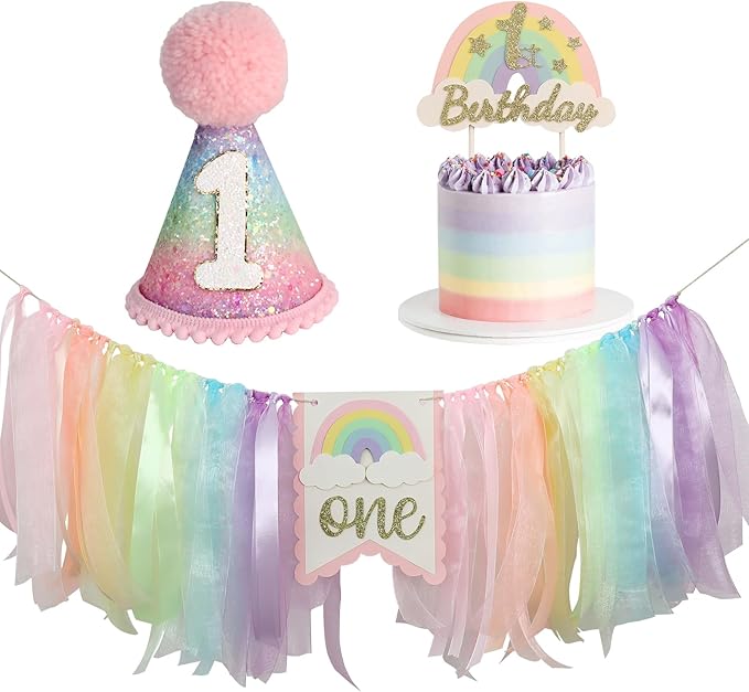 Macaron First Birthday Party Decorations Pastel Rainbow High Chair
