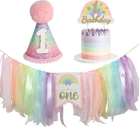 Macaron First Birthday Party Decorations Pastel Rainbow High Chair