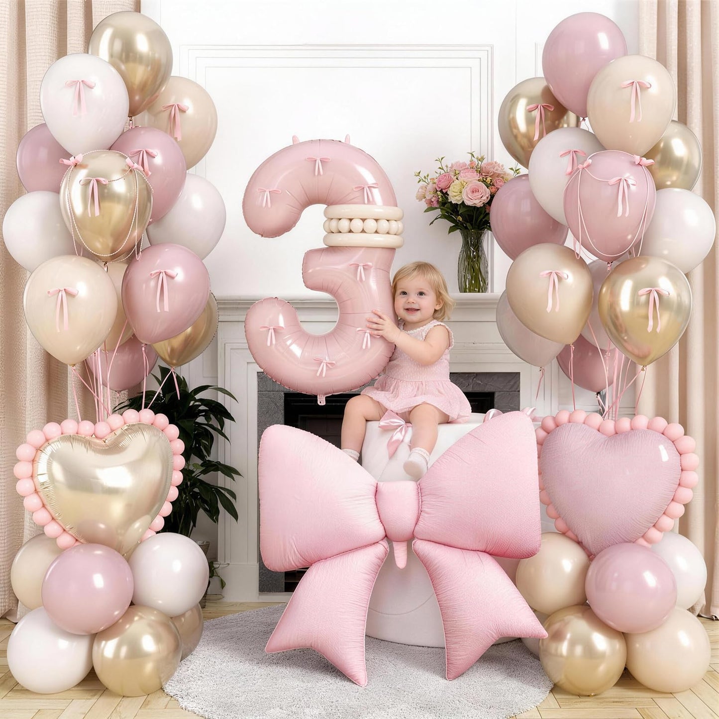 Baby Pink Number 3 Balloon, Dusty Light Pink Gold Cream Latex Balloons