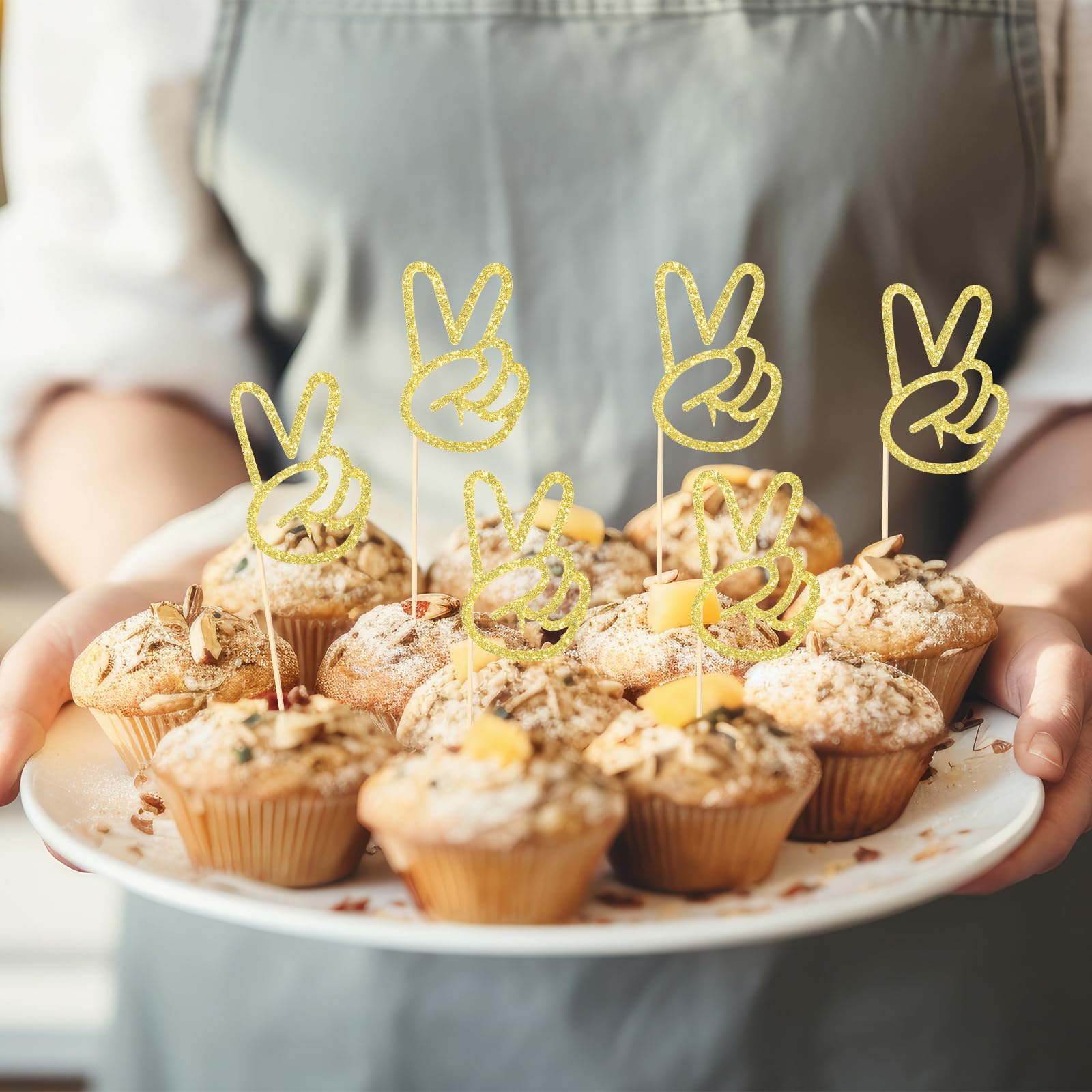 Spakon 24 Pcs Peace Sign Cupcake Toppers Glitter Peacekeeper Cupc Gold