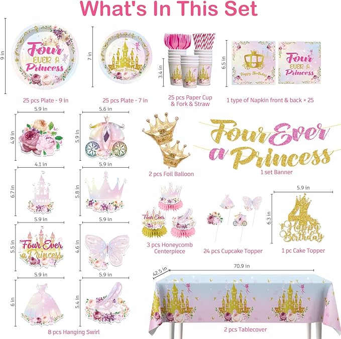 Xynic 201Pcs Four Ever a Princess Birthday Decorations Tableware Set