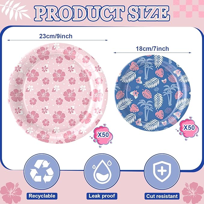 50 PCS Luau Tropical Birthday Party Plates 9Inch Pink Hibiscus 7Inch