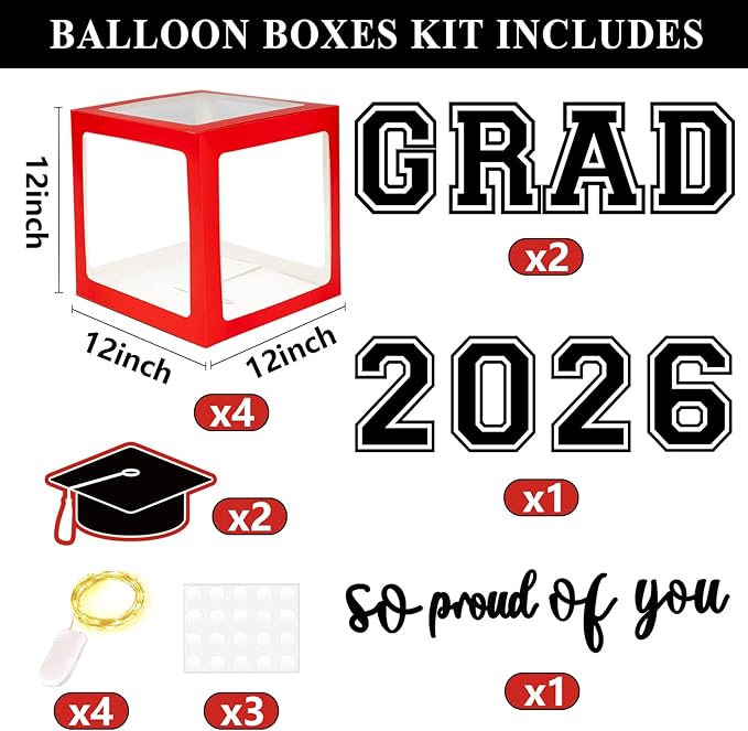 Graduation Decorations 2026 Set of 4 Red Grad Balloon Boxes with