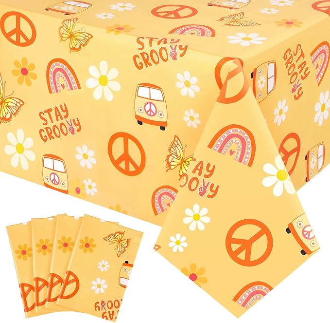 4 Pcs Stay Groovy Tablecloth Retro Hippie Boho Party Table Covers
