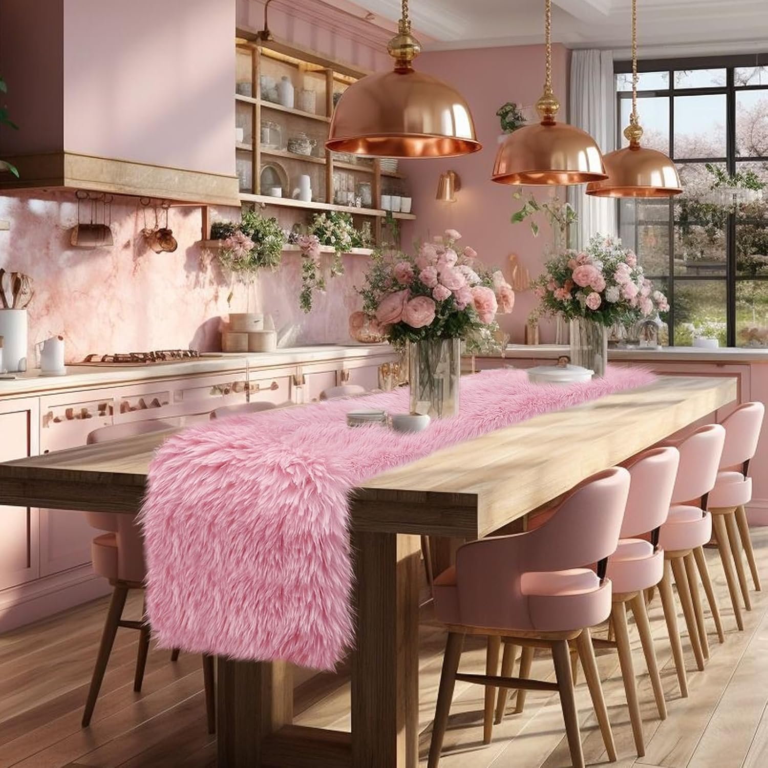 yuboo Pink Fur Table Runner 72 inches, Fluffy Pink Preppy Girly