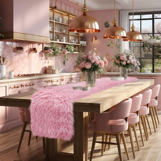 yuboo Pink Fur Table Runner 72 inches, Fluffy Pink Preppy Girly