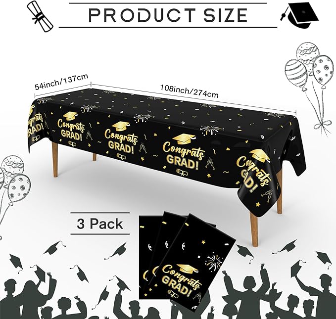 Slergut Graduation Tablecloth 3 Pack, Black and Gold Graduation