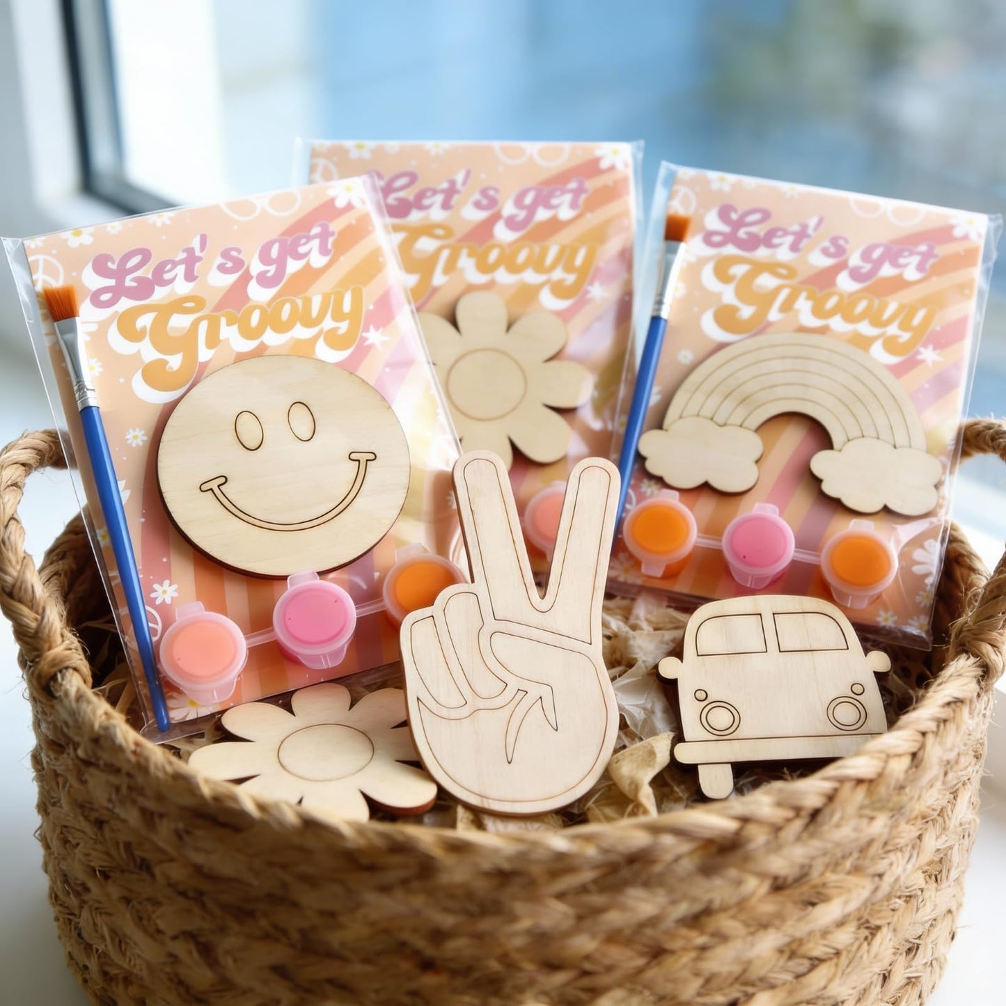 BOIKOKY 12 Pack Pre-Packaged Groovy Party Favors, Wooden Retro Cutouts