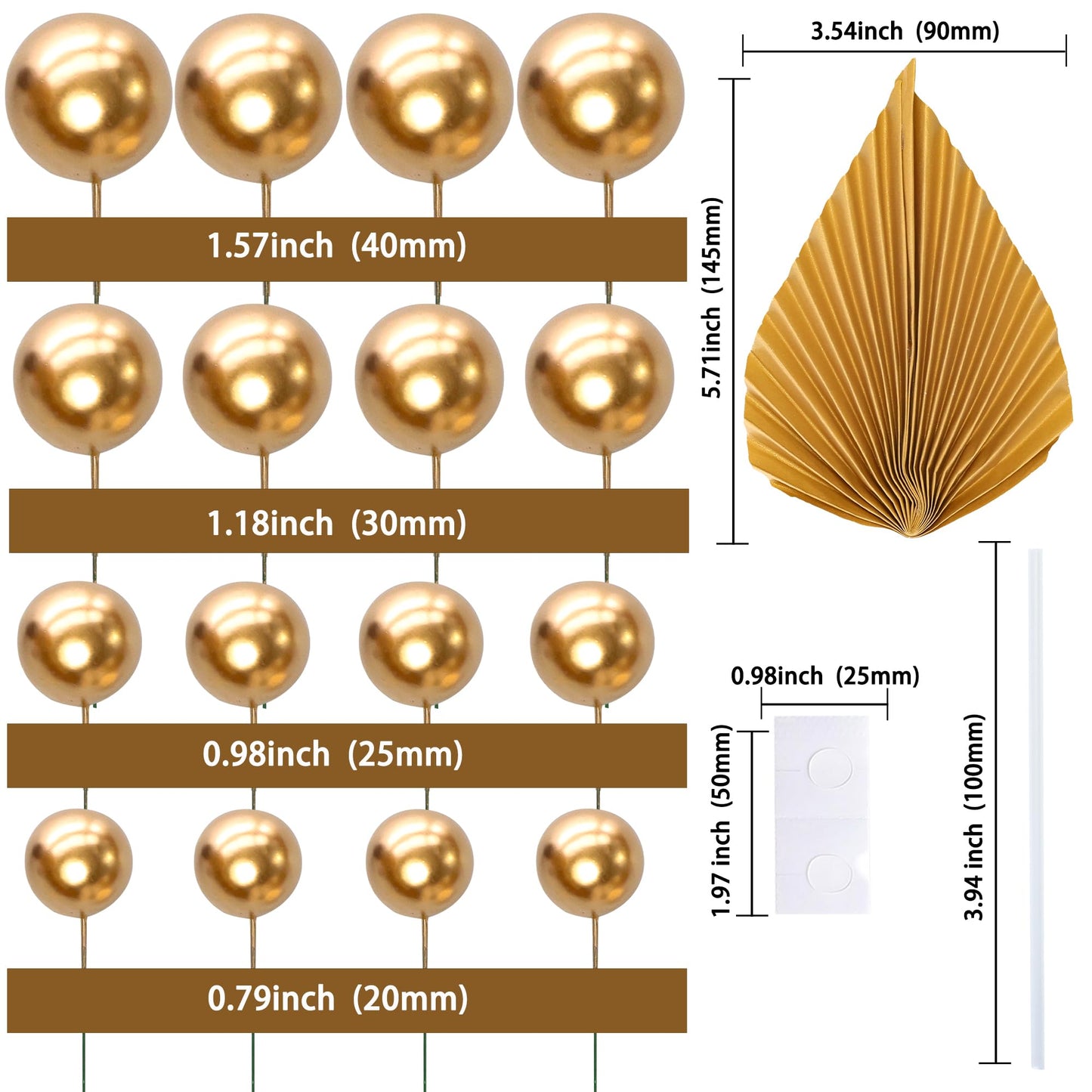 Ephlyn 28Pcs Paper Palm Fan Cake Topper Balls Cake Pick for Baby Gold