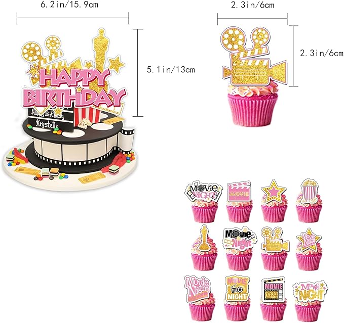 43Pcs Pink Movie Night Party Decoration Including Cupcake Toppers