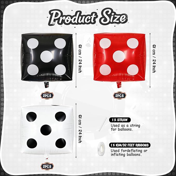 Biapian Jumbo Dice Balloons Foil, 6 Pcs 24 Inch Red Black White 4D
