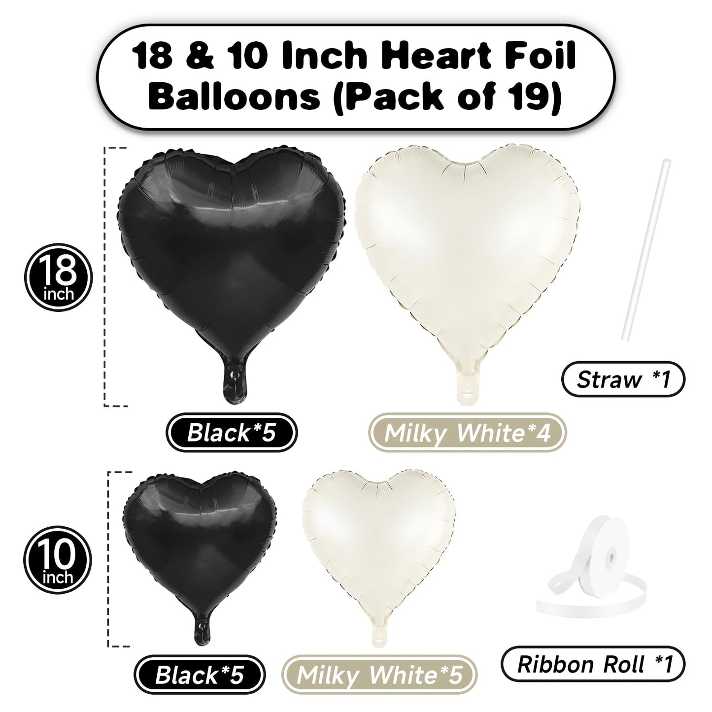 Black White Heart Balloons, 19PCS Black and Cream White Heart Shape