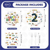 96Pcs 2nd Birthday Cars Party Supplies Transportation Theme Birthday