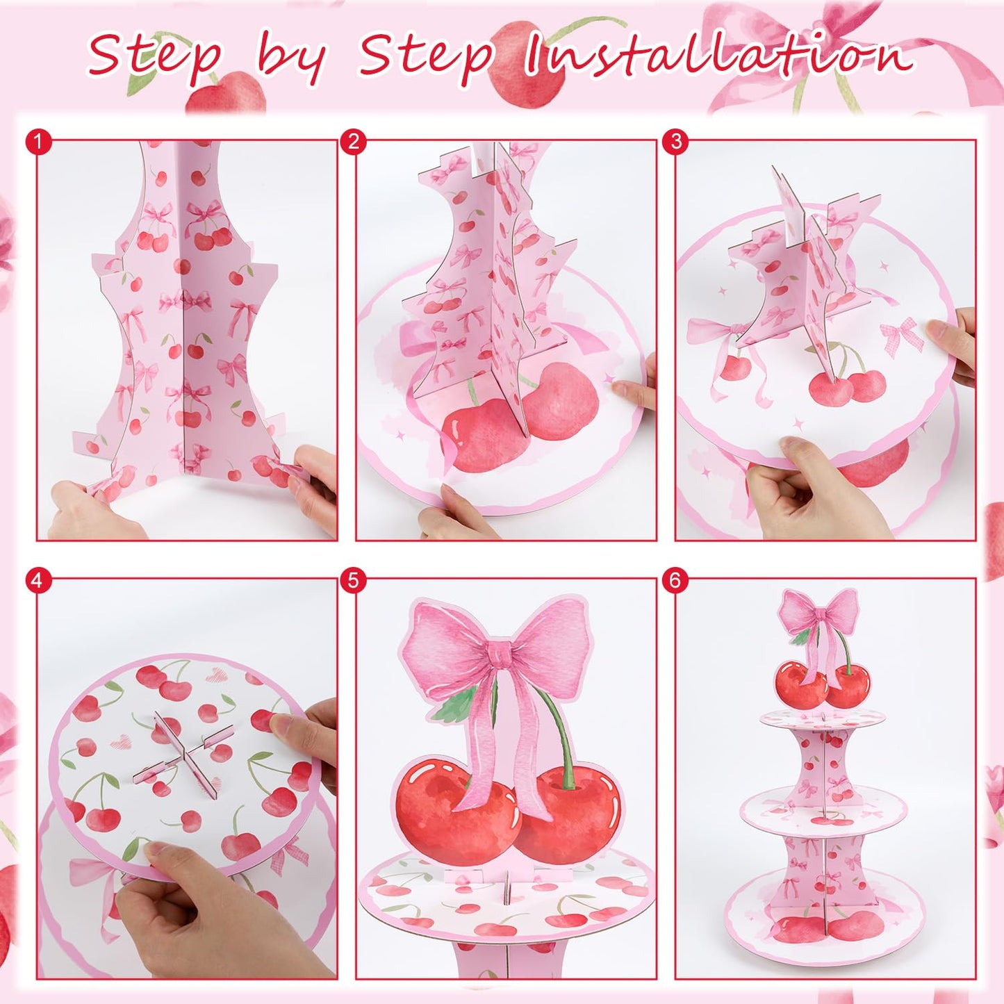 Cherry Bow Birthday Party Decorations - 3 Tier Pink Bow Cupcake Stand