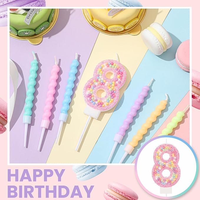 MTLEE Number 8 Birthday Candle with 12 Pcs Spiral Candles for Girls Ma