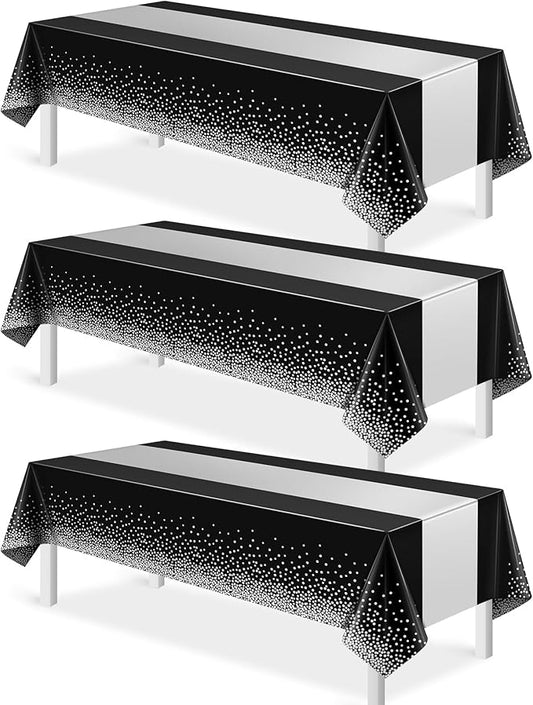 3Pcs Black and Silver Tablecloth Party Decorations,Plastic Black