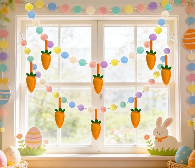 Easter Garland for Spring Party Decorations 2 Pack 6.5FT Pastel Pom