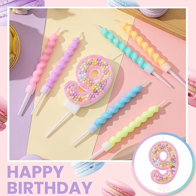 MTLEE Number 9 Birthday Candle with 12 Pcs Spiral Candles for Girls