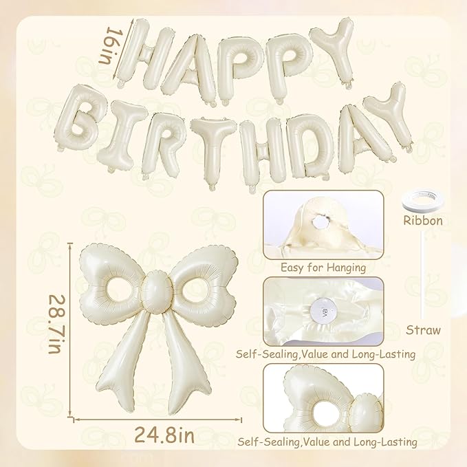 Cream Happy Birthday Balloons, 31”Huge Beige Bow Aluminum Foil