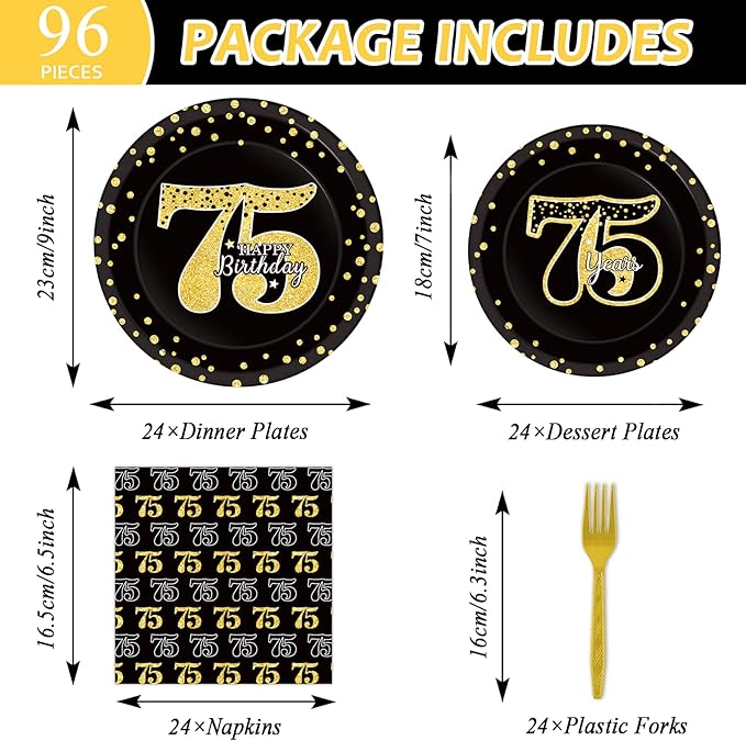 96 Pcs 75th Birthday Party Supplies 75th Birthday Tableware Plates