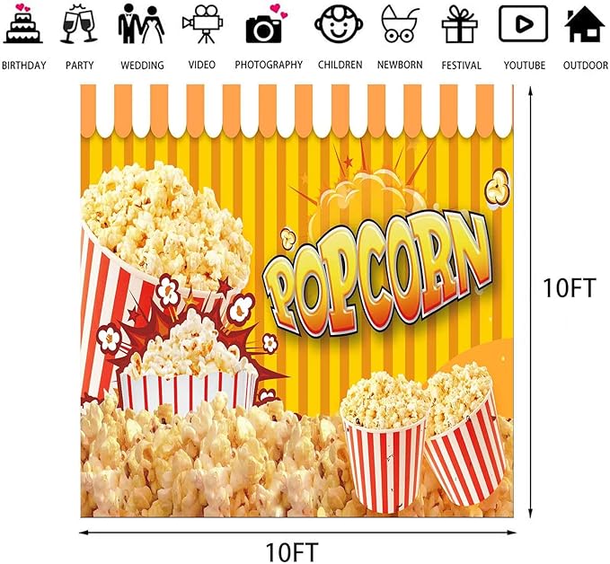 Movie Night Backdrop, 10x10ft Vinyl, Popcorn Photography Background
