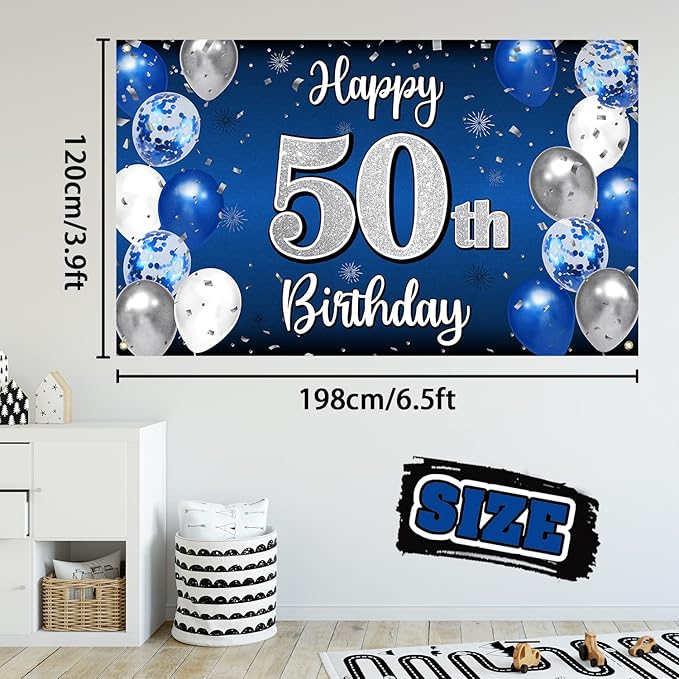 Happy 50th Birthday Decorations 50th Blue & Silver Balloon Large
