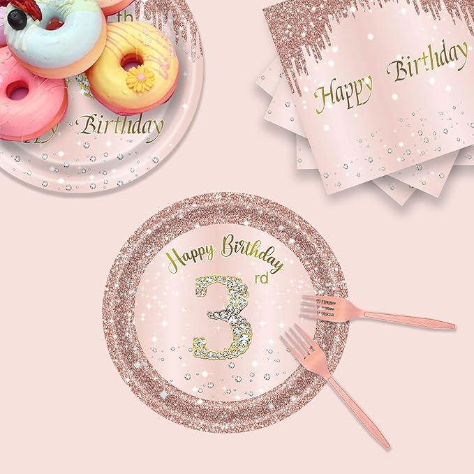 24 Sets 3rd Rose Gold Birthday Party Decrations for Girls 3 Birthday